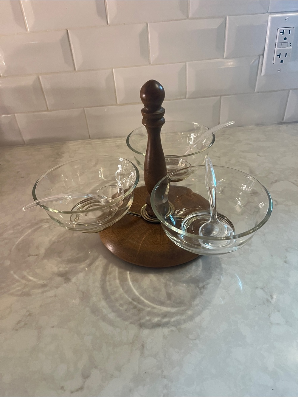 Vintage  Woodcrest Glass and wood dip set with three bowls and spoons